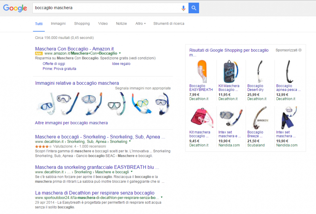 Google AdWords. Sulla parte destra della schermata sono rimasti gli annunci relativi a Google Shopping.