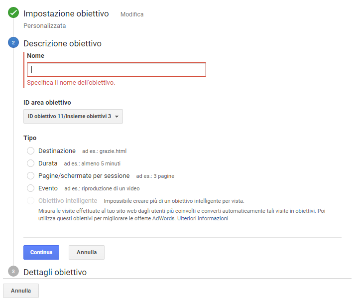 Definizione degli Obiettivi Google Analytics 